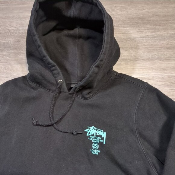Stussy World Tour Graphic Hoodie Men's Medium Pullover Black Blue - Picture 3 of 9